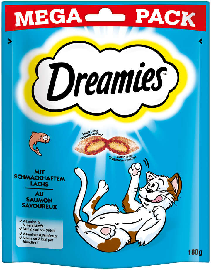 DRE_Snacks_180G_4008429081828_0419_28726_01_web_large_path Verpackung von Dreamies Snacks mit einer Katze und einem Fisch, Hintergrund blau, textuelle Angaben auf Deutsch.